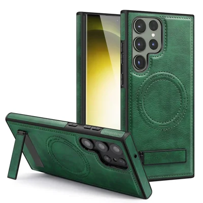 For Samsung Galaxy S24 Ultra Magnetic Case with Folded Kickstand PC Silicone Leather Phone Back Cover  - Blackish Green