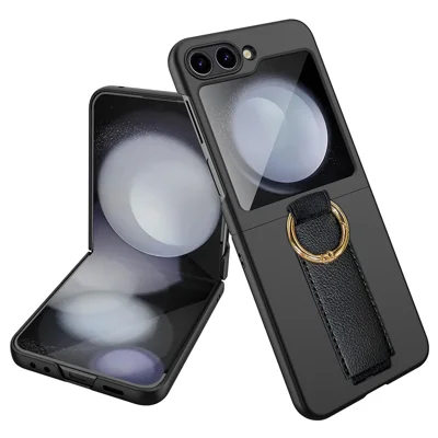 For Samsung Galaxy Z Flip5 5G Ring Holder Case Hard PC Phone Cover with Small Screen Protector - Black