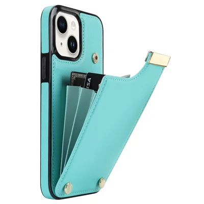Custodia per iPhone 14 Slim-Fit in TPU+Pelle PU+Guscio in Metallo con Porta Carte - Verde Menta