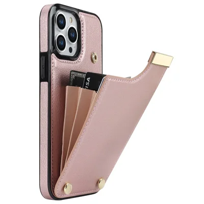 Custodia per iPhone 13 Pro Max Copertura del telefono TPU+PU Pelle+Conchiglia in Metallo con Porta Carte - Rose Gold