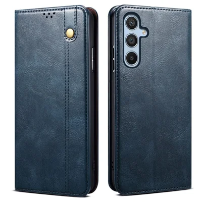 For Samsung Galaxy A55 5G Case Wallet Stand Leather Cover Waxy Crazy Horse Texture - Blue