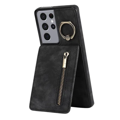 For Samsung Galaxy S21 Ultra 5G Case Ring Kickstand RFID Blocking PU+TPU Phone Cover - Black