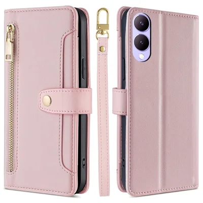 Wallet Case for vivo Y17s 4G Zipper Pocket Purse with Shoulder Wrist Strap PU Leather Phone Cover - Pink