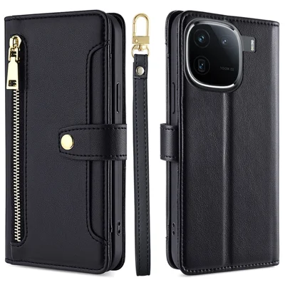 For vivo iQOO 12 Pro 5G Case PU Leather Wallet Phone Crossbody Flip Cover Shoulder Wrist Straps - Black