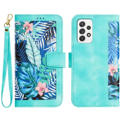 For Samsung Galaxy A73 5G Leather Case Card Slots Phone Cover Flower Pattern - Green
