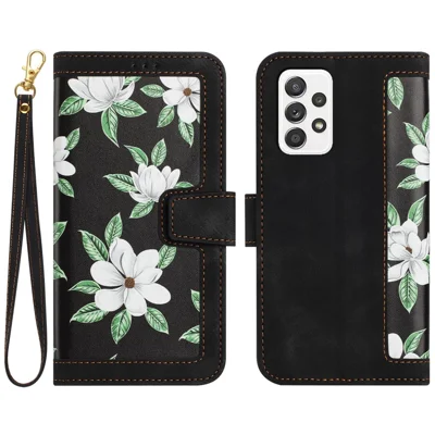 For Samsung Galaxy A72 4G / 5G Flower Print Leather Case Card Holder Stand Cover - Black