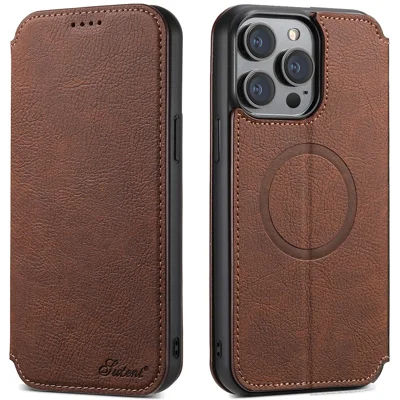 SUTENI J06 Hülle für iPhone 15 Pro Max, Leder-Brieftaschenhülle mit Litchi-Textur, kompatibel mit MagSafe - Braun