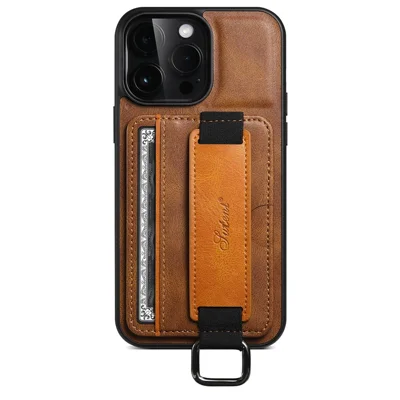 SUTENI H13 für iPhone 15 Pro Max Hülle PU Leder Beschichtete PC+TPU Telefonhülle mit Ständer, Kartenschlitz - Braun