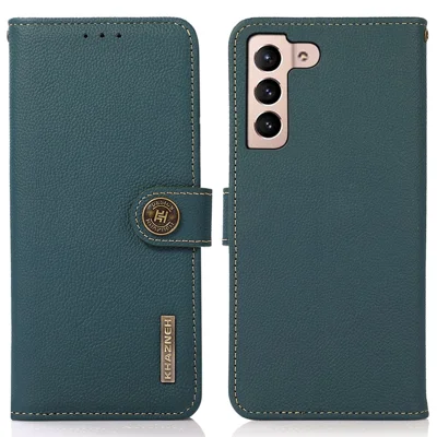 KHAZNEH For Samsung Galaxy A35 5G Magnetic Phone Case RFID Blocking Genuine Cow Leather Card Holder Cover - Green