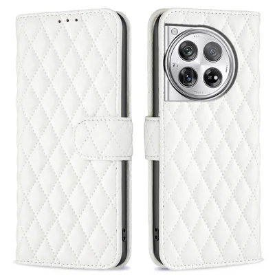 BINFEN COLOR BF Style-14 For OnePlus 12 5G Case Stand PU Leather Wallet Flip Cover Protector - White
