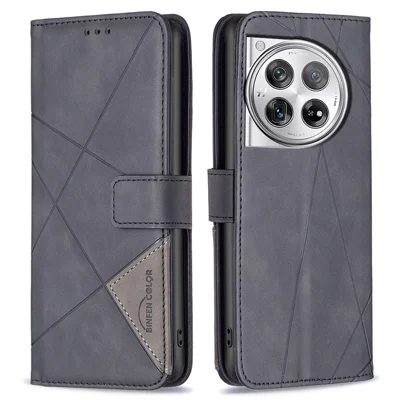 BINFEN COLOR For OnePlus 12 5G Phone Cases Wallet Stand Geometry Imprint Leather Cover - Black