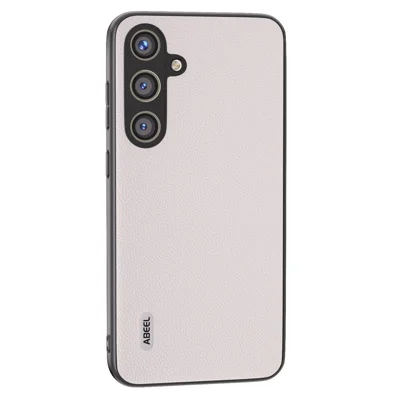 ABEEL For Samsung Galaxy S24 Case Genuine Cow Leather+PC Scratch-resistant Phone Protector - White