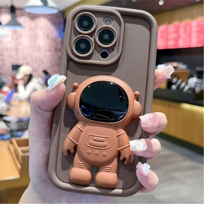 For iPhone 15 Pro Max Phone Case Silicone with Cute Astronaut Kickstand - Brown