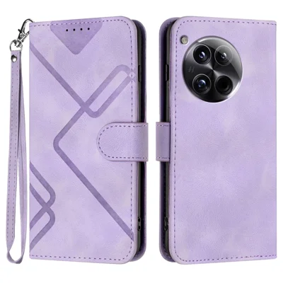 For OnePlus 12 5G Wallet Case Line Imprinted PU Leather Phone Cover with Strap - Purple