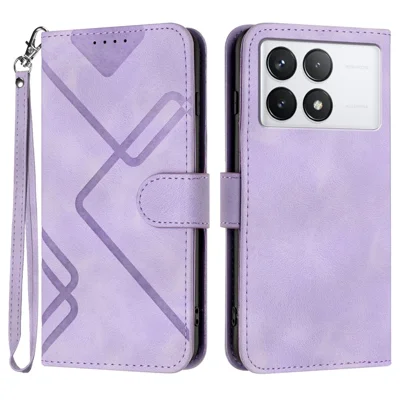 For Xiaomi Poco F6 Pro 5G / Redmi K70 5G / K70 Pro 5G Wallet Case Line Imprinted PU Leather Phone Cover with Strap - Purple