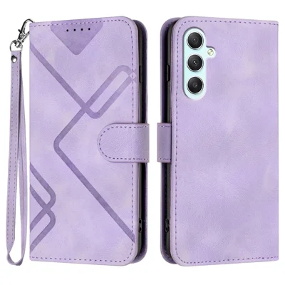 For Samsung Galaxy A35 5G Wallet Case Line Imprinted PU Leather Phone Cover with Strap - Purple