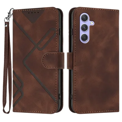 For Samsung Galaxy A55 5G Wallet Case Line Imprinted PU Leather Phone Cover with Strap - Coffee