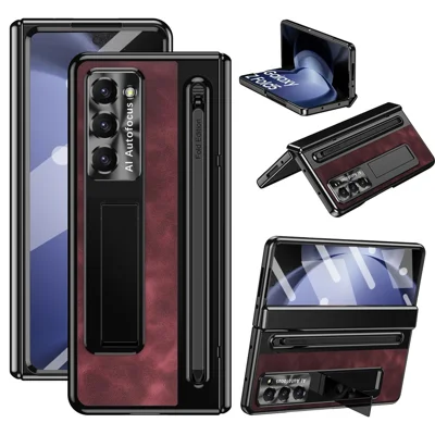 For Samsung Galaxy Z Fold5 5G Case Leather+PC Phone Cover with Tempered Glass Film and Stylus Pen - Wine Red