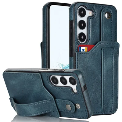 For Samsung Galaxy S24+ Case Retro PU Leather Coated TPU Wristband Kickstand Phone Shell - Blue