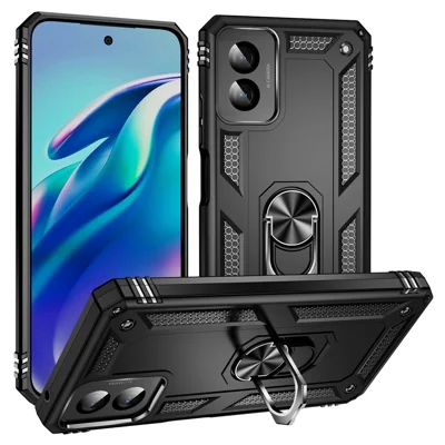 For Motorola Moto G Power (2024) Case Ring Car Mount Kickstand PC+TPU Hybrid Phone Cover - Black