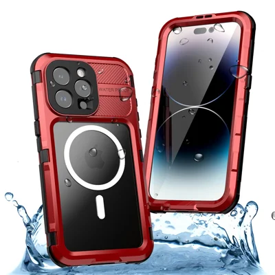 SHELLBOX M Series IP68 Waterproof Case for iPhone 15 Pro Max Case Metal Diving Phone Case Compatible with MagSafe - Red