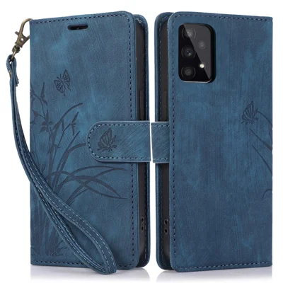 For Samsung Galaxy A73 5G Case Wallet Leather Cover Orchid Butterfly Pattern - Blue
