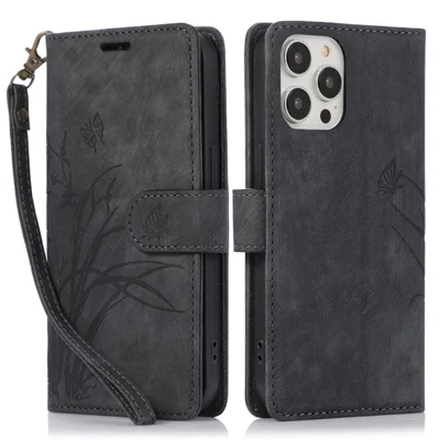 For iPhone 15 Pro Max Leather Case Orchid Butterfly Flip Wallet Phone Cover - Black
