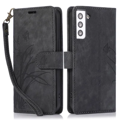 For Samsung Galaxy S23 Phone Case Wallet Folding Stand Orchid Butterfly Pattern - Black