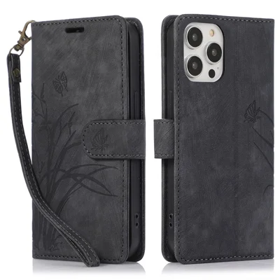 PU-Leder Flip-Hülle für iPhone 14 Pro Handyhülle mit Brieftasche Schmetterlingsblume - Schwarz