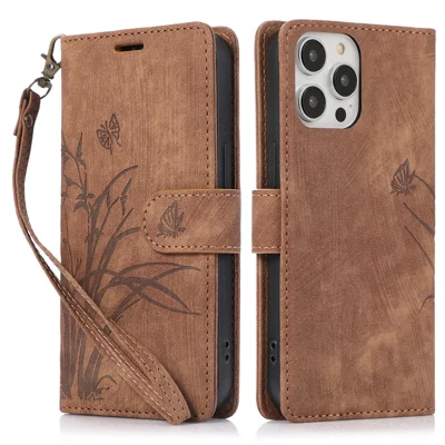 Für iPhone 14 Pro Max Leder-Wallet-Hülle mit Handschlaufe Orchideen-Schmetterlingsmuster - Braun