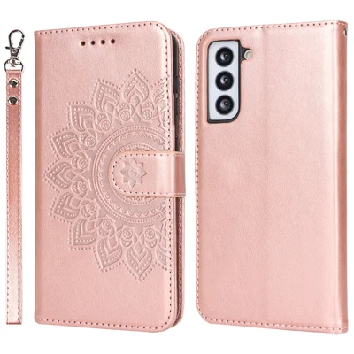 For Samsung Galaxy S21 5G / 4G Cover R61 Texture Leather Stand Shockproof Imprinted Cell Phone Case - Rose Gold