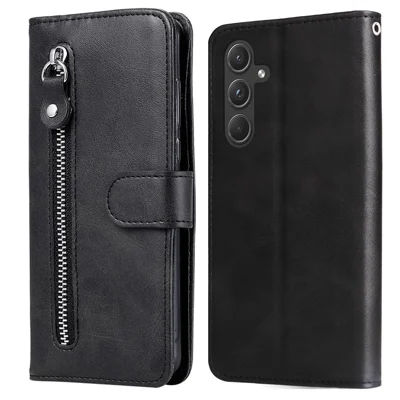 For Samsung Galaxy A55 5G Case Wallet Stand Calf Texture Phone Protector with Magnetic Flap - Black
