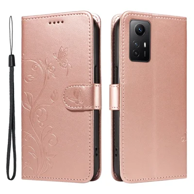 For Xiaomi Redmi Note 12S 4G / Note 11 4G (Qualcomm) / Note 11S 4G PU Leather Cases Flower Pattern Wallet Stand Phone Cover with Strap - Rose Gold