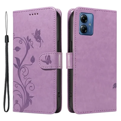 For Motorola Moto G14 4G PU Leather Cases Flower Pattern Wallet Stand Phone Cover with Strap - Purple