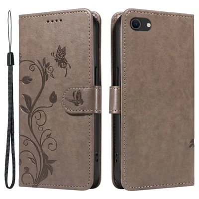 Voor iPhone 6 / 6s / 7 / 8 / SE (2020) / SE (2022) PU Leren Hoesjes met Bloemenpatroon Portemonnee Stand Hoes met Bandje - Grijs