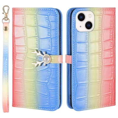 For iPhone 14 Protective Case Gradient Crocodile Texture Deer Decor Phone Shell with Stand - Blue