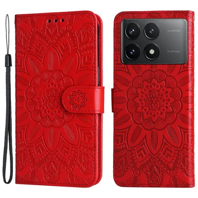 Fodral för Xiaomi Redmi K70E 5G / Poco X6 Pro 5G, plånbok med ställfunktion, inpräntat PU-läder, röd