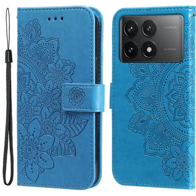For Xiaomi Redmi K70E 5G / Poco X6 Pro 5G Case Floral Pattern PU Leather Wallet Stand Phone Cover - Blue