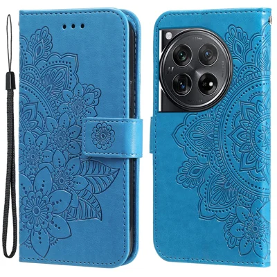 For OnePlus 12 5G Case Floral Pattern PU Leather Wallet Stand Phone Cover - Blue