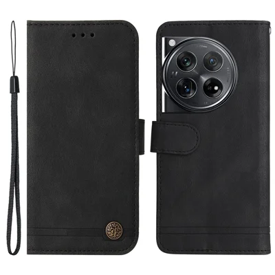 For OnePlus 12 5G Leather Wallet Cases Skin Touch Phone Cover Stand with Strap - Black