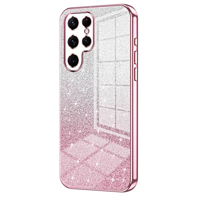 For Samsung Galaxy S22 Ultra 5G Slim Case Gradient Glitter Electroplating TPU Phone Cover - Pink