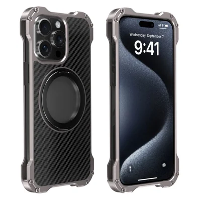 R-JUST RJ-51 For iPhone 15 Pro Max Phone Case Aluminum Alloy Cover Magnetic Kickstand