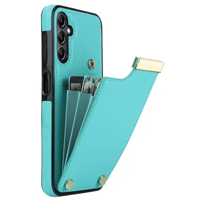 For Samsung Galaxy S23 FE Cover TPU+PU Leather Metal Decor Anti-shock Cell Phone Case with Card Bag - Mint Green