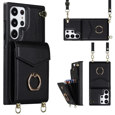 Voor Samsung Galaxy S23 Ultra Hoesje PU Leer+TPU Standaard Telefoonhoes met Schouder- en Polsbandjes - Zwart