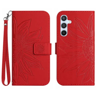 HT04 For Samsung Galaxy A55 5G Sunflower Leather Wallet Case with Wrist Strap - Red