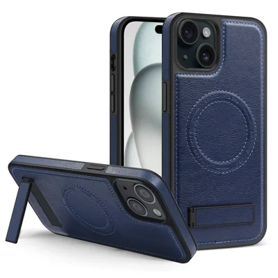 For iPhone 15 Plus Case Compatible with MagSafe Kickstand Leather Phone Back Cover - Sapphire