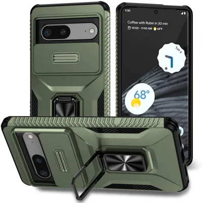 For Google Pixel 7 5G Phone Case with Slide Camera Lens Cover Ring Kickstand Holder - Green