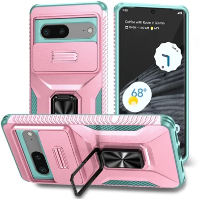 For Google Pixel 7 5G Phone Case with Slide Camera Lens Cover Ring Kickstand Holder - Pink+Cyan