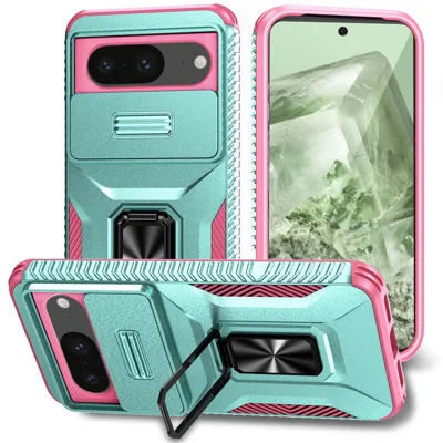 For Google Pixel 8 Cell Phone Case Slim-Fit Rotate Kickstand Slide Lens Window Cover - Cyan+Pink