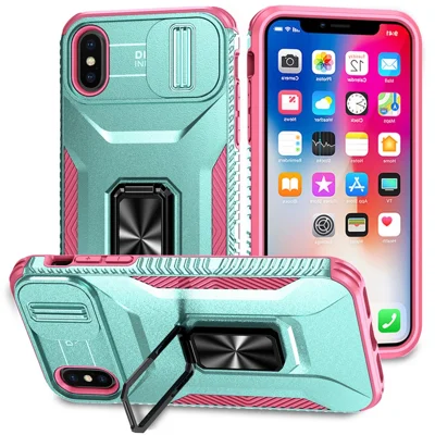 Para iPhone X / XS Case com Slider de Cobertura da Câmera, PC+TPU Armour Phone Shell - Ciano+Rosa
